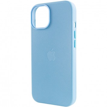 Синий кожаный чехол для iPhone 14 от компании Leather Case (AA) с устройством для магнитного крепления, MagSafe.