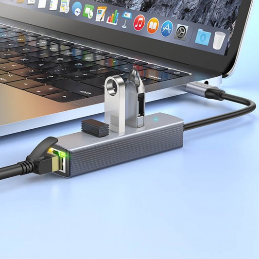 Переходник HUB Hoco HB34 Easy link Type-C Gigabit network adapter (Type-C to USB3.0*3+RJ45), Metal gray - изображение 6