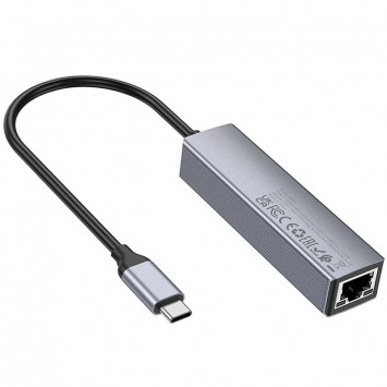 Перехідник HUB Hoco HB34 Easy link Type-C Gigabit network adapter (Type-C to USB3.0*3+RJ45), Metal gray - Кабелі / Перехідники - зображення 1 