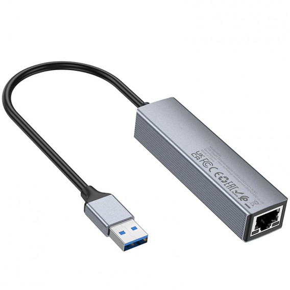 Перехідник HUB Hoco HB34 Easy link USB Gigabit Ethernet adapter (USB to USB3.0*3+RJ45), Metal gray