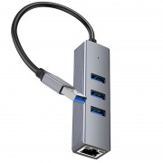 Переходник HUB Hoco HB34 Easy link USB Gigabit Ethernet adapter (USB to USB3.0*3+RJ45), Metal gray