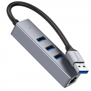 Переходник HUB Hoco HB34 Easy link USB Gigabit Ethernet adapter (USB to USB3.0*3+RJ45), Metal gray