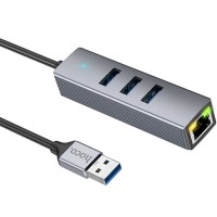 Переходник HUB Hoco HB34 Easy link USB Gigabit Ethernet adapter (USB to USB3.0*3+RJ45), Metal gray