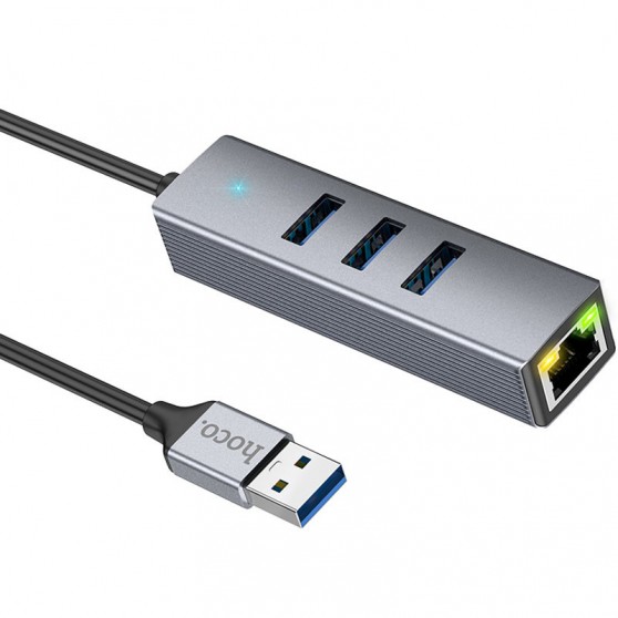 Перехідник HUB Hoco HB34 Easy link USB Gigabit Ethernet adapter (USB to USB3.0*3+RJ45), Metal gray