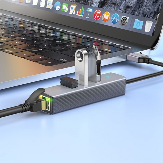 Перехідник HUB Hoco HB34 Easy link USB Gigabit Ethernet adapter (USB to USB3.0*3+RJ45), Metal gray