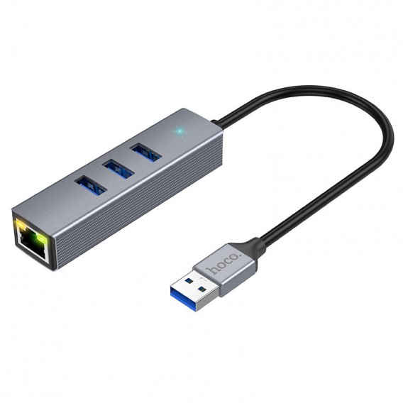 Перехідник HUB Hoco HB34 Easy link USB Gigabit Ethernet adapter (USB to USB3.0*3+RJ45), Metal gray