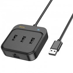 Перехідник HUB Hoco HB35 Easy link 4-in-1 Gigabit Ethernet Adapter (USB-USB3.0*3+RJ45) (L=0.2M), Чорний