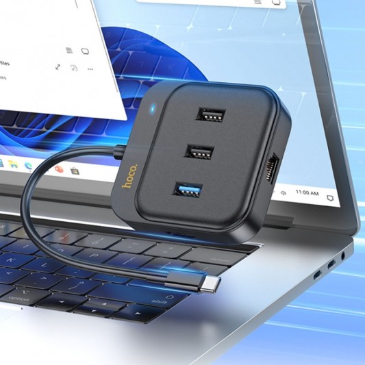 Переходник HUB Hoco HB37 Easy link 6-in-1 Multiport Adapter (HDTV+RJ45+USB3.0+USB2.0*2+PD100W), Black - изображение 3