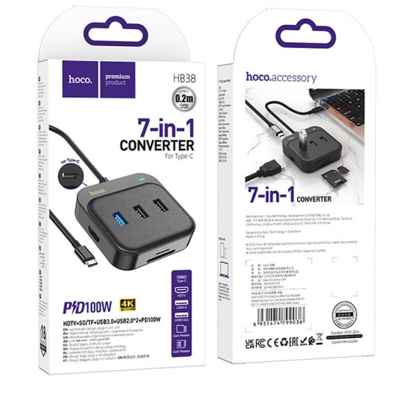 Перехідник HUB Hoco HB38 Easy link 7-in-1 Multiport Adapter (HDTV+SD/TF+USB3.0+USB2.0*2+PD100W), Black