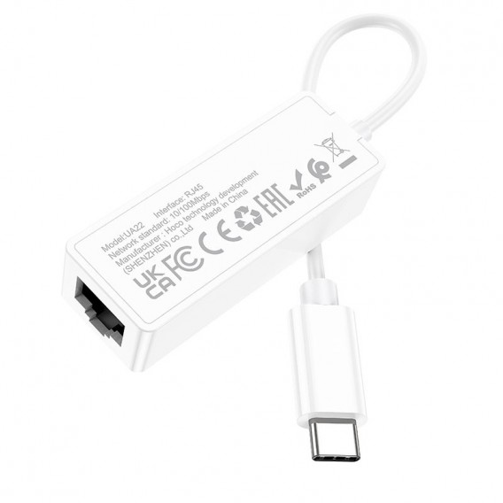 Перехідник Hoco UA22 Acquire Type-C ethernet adapter (100 Mbps), White