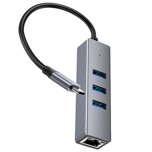 Переходник HUB Hoco HB34 Easy link Type-C Gigabit network adapter (Type-C to USB3.0*3+RJ45), Metal gray - изображение 2