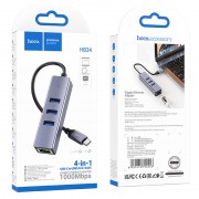 Перехідник HUB Hoco HB34 Easy link Type-C Gigabit network adapter (Type-C to USB3.0*3+RJ45), Metal gray