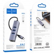 Переходник HUB Hoco HB34 Easy link Type-C Gigabit network adapter (Type-C to USB3.0*3+RJ45), Metal gray