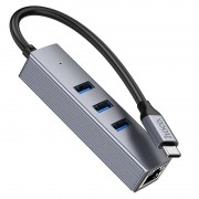 Переходник HUB Hoco HB34 Easy link Type-C Gigabit network adapter (Type-C to USB3.0*3+RJ45), Metal gray