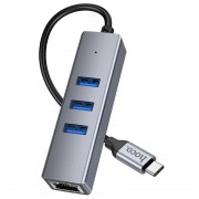 Переходник HUB Hoco HB34 Easy link Type-C Gigabit network adapter (Type-C to USB3.0*3+RJ45), Metal gray