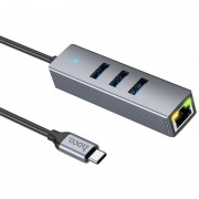 Переходник HUB Hoco HB34 Easy link Type-C Gigabit network adapter (Type-C to USB3.0*3+RJ45), Metal gray