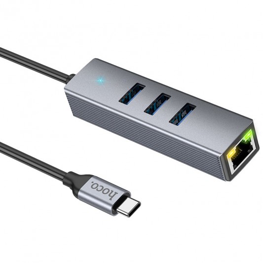 Переходник HUB Hoco HB34 Easy link Type-C Gigabit network adapter (Type-C to USB3.0*3+RJ45), Metal gray - изображение 5