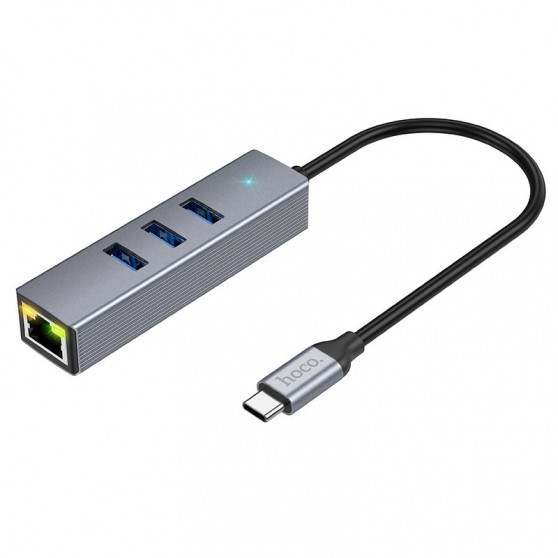 Перехідник HUB Hoco HB34 Easy link Type-C Gigabit network adapter (Type-C to USB3.0*3+RJ45), Metal gray