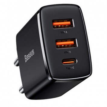 Зарядний пристрій Baseus Compact Quick Charger 30W з одним Type-C та двома USB портами, чорний
