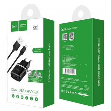 Зарядка для iPhone Hoco C12 Charger + Cable Lightning 2.4A 2USB (Черный) - Сетевые зарядные устройства (220 В) - изображение 2