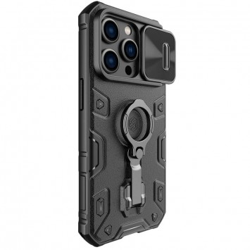 Черный защитный чехол Nillkin CamShield Armor Pro без логотипа с шторкой на камеру для Apple iPhone 14 Pro Max, сделанный из материалов TPU и PC.