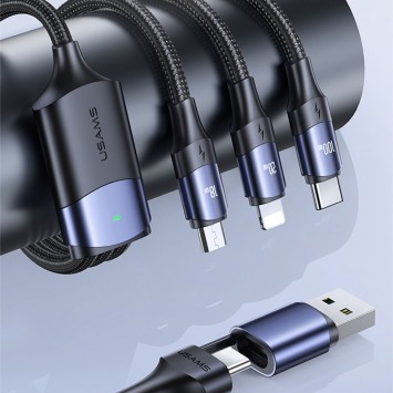 Черный USB кабель все в одном Usams US-SJ511 U71 USB + Type-C to Triple Head 3in1 100W (1.2m) - универсальное зарядное устройство, позволяющее подключать различные устройства через USB, Type-C и Triple Head коннекторы.