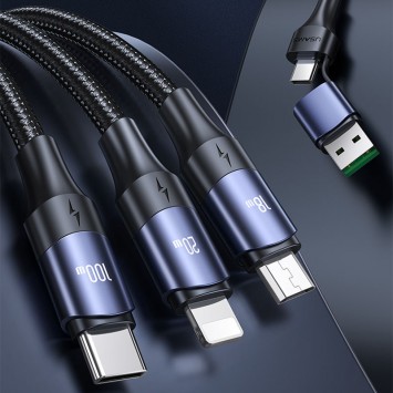 Черный дата-кабель Usams US-SJ511 U71 Все в одном из алюминиевого сплава USB + Type-C to Triple Head 3in1 100W (1.2м)