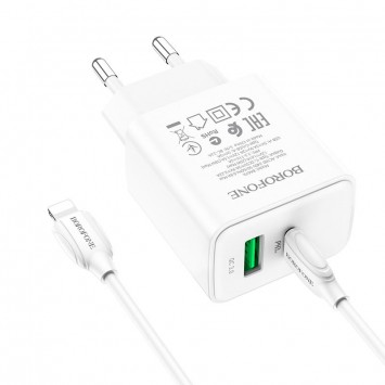 Білий зарядний пристрій Borofone BA67A PD20W+QC3.0 з роз'ємами Type-C і Lightning для швидкої зарядки Apple iPhone
