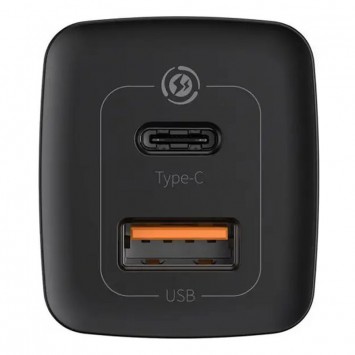 Черное зарядное устройство Baseus GaN2 Lite QC (Type-C/USB 65W), сопровождаемое кабелем Type-C (CCGAN2L-B01).