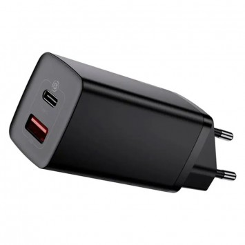 Чорний зарядний пристрій Baseus GaN2 Lite QC з потужністю 65W, оснащений Type-C/USB портами та супроводжується кабелем Type-C, модель CCGAN2L-B01