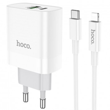Белое зарядное устройство HOCO C80A Rapido PD20W+QC3.0 с разъемами Type-C, USB и кабелем Type-C to Lightning
