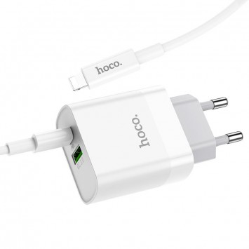 Білий зарядний пристрій HOCO C80A Rapido PD20W+QC3.0 з портами Type-C, USB та Type-C to Lightning кабелем