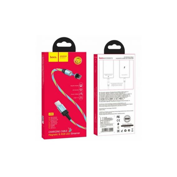Магнітний силіконовий кабель (Світиться) Hoco U90 / Lightning (Iphone) - USB / 100 см. / Блакитний