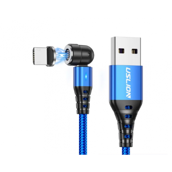 Магнітний кабель USLION 2 в 1 (Швидка зарядка 5A) Micro - USB / 540 градусів / Круглий / 100 см / Синій