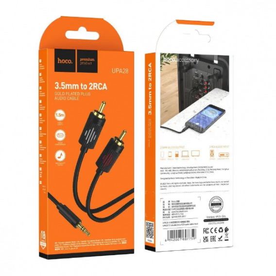 Кабель Hoco UPA28 перехідник AUX (роздвоювач) Jack 3.5 на 2 RCA / 1.5 метра / Чорний