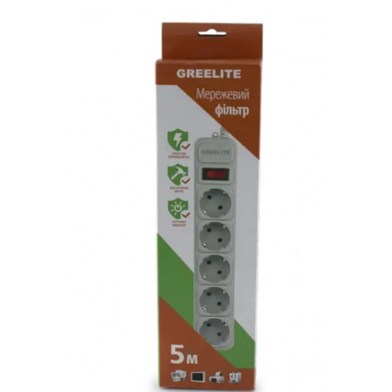 Подовжувач / Мережевий фільтр Greelite на 5 розеток / 5 метрів кабель/ Білий