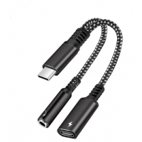 Перехідник 2в1 Type-C на AUX 3.5 + Type-C (PD) з ЦАП, Чорний