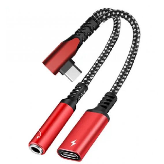 Перехідник для навушників 2 в 1 Type-C + AUX 3.5 Google Pixel (швидка зарядка) / Чорний-Червоний