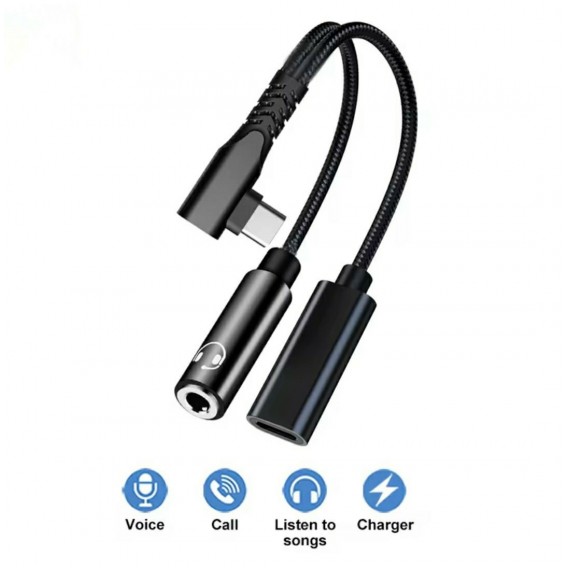 Угловой переходник 2в1 Type-C для iPhone 15/16/17 и iPad (AUX 3.5 мм + Зарядка)