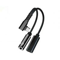 Кутовий аудіо-перехідник 2в1 Type-C на AUX 3.5 мм + Type-C (PD 60W) Чорний
