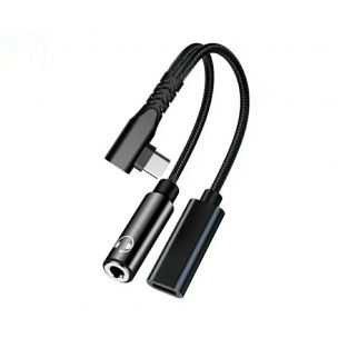 Угловой аудио-переходник 2в1 Type-C на AUX 3.5 мм + Type-C (PD 60W) Черный Угловой аудио-переходник 2в1 Type-C на AUX 3.5 мм + Type-C (PD 60W) Черный