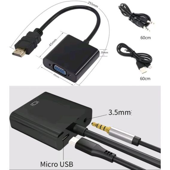 Перехідник HDMI на VGA з аудіо виходом (AUX 3.5 мм) Чорний