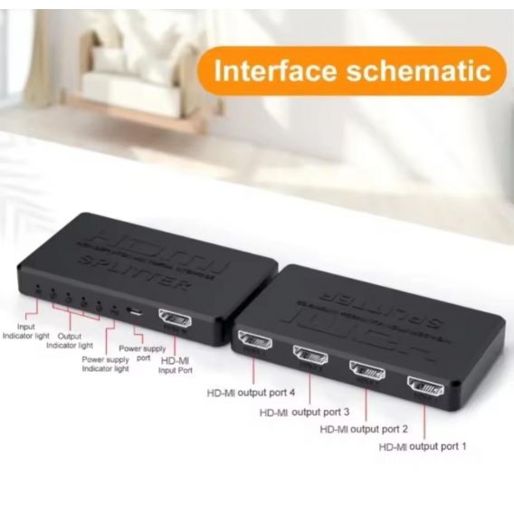 HDMI розгалужувач (спліттер) 1x4 порти v1.4 з блоком живлення (Чорний)