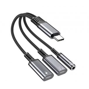 Перехідник 60W 3в1 для Iphone 17, 17Pro, 17 Air \ Type-c - AUX 3.5, Type-c ( зарядка), AUX Type-c \ Чорно-сірий