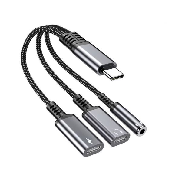 Перехідник 60W 3в1 для Iphone 17, 17Pro, 17 Air \ Type-c - AUX 3.5, Type-c ( зарядка), AUX Type-c \ Чорно-сірий