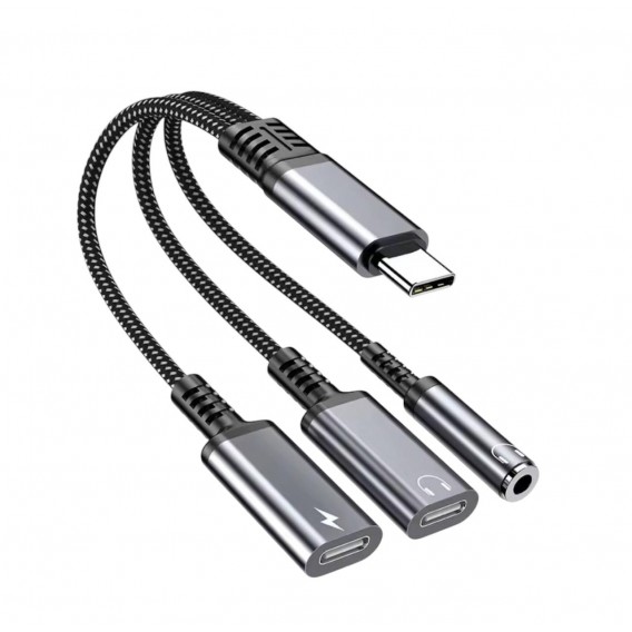 Перехідник 60W 3в1 для Samsung S25, S25+, S25Ultra \ Type-c - AUX 3.5, Type-c ( зарядка), AUX Type-c \ Чорний-Сірий