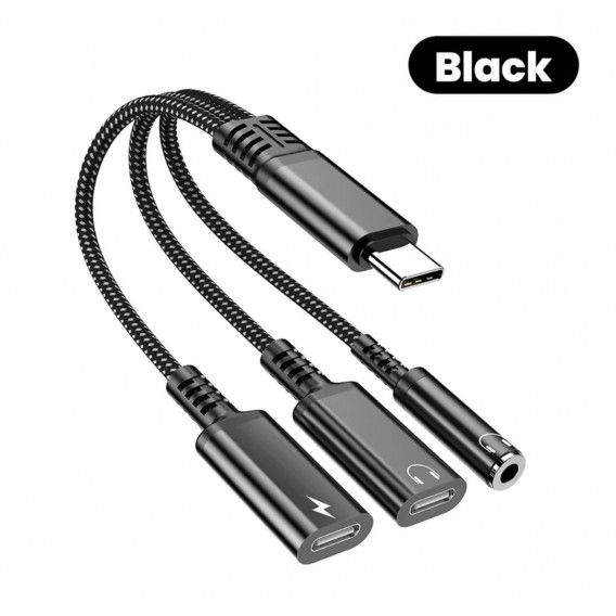 Перехідник 60W 3в1 для Google Pixel 10 Pro XL, 10 Pro, Pixel1010 \ Type-c - AUX 3.5, Type-c ( зарядка), AUX Type-c \ Чорний