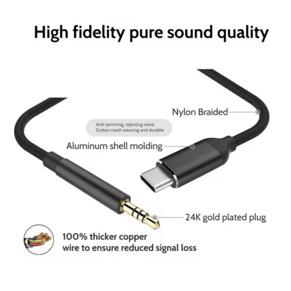 Перехідник кабель з Type-c на AUX аудіо 3.5 mm / Нейлон / 1 метр / Чорний
