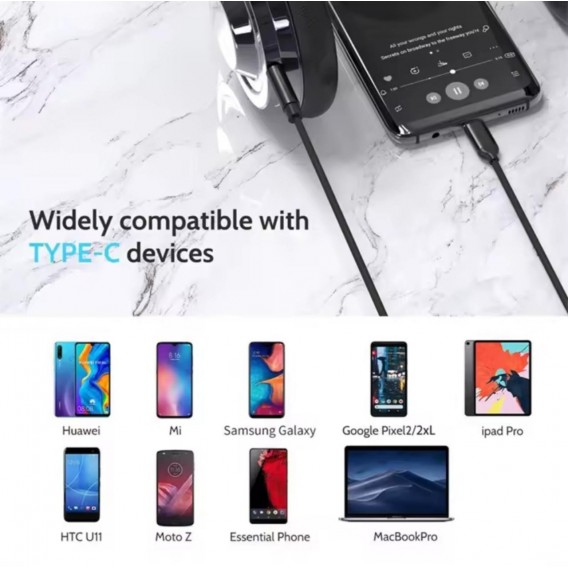 Перехідник кабель з Type-c на AUX аудіо 3.5 mm / Нейлон / 1 метр / Чорний