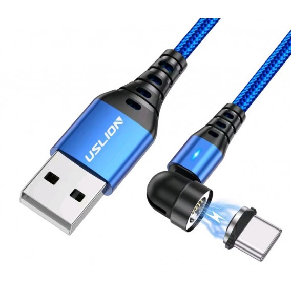 Магнітний кабель USLION Type-c - USB / 2 в 1 (Швидка зарядка 5A) / Круглий, 30 см / Синій